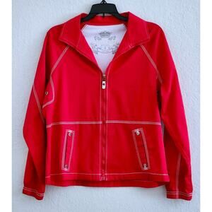 Jacket-Oleg Cassini-Red-White Mesh Lining-Zippers-Designer-Size Small